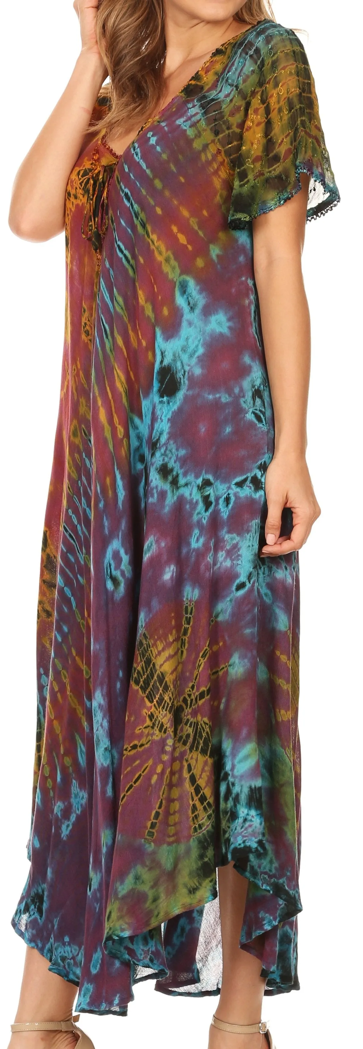 Sakkas Ria Tie Dye Embroidered Cap Sleeve Wide Neck Caftan Dress / Beach Cover Up