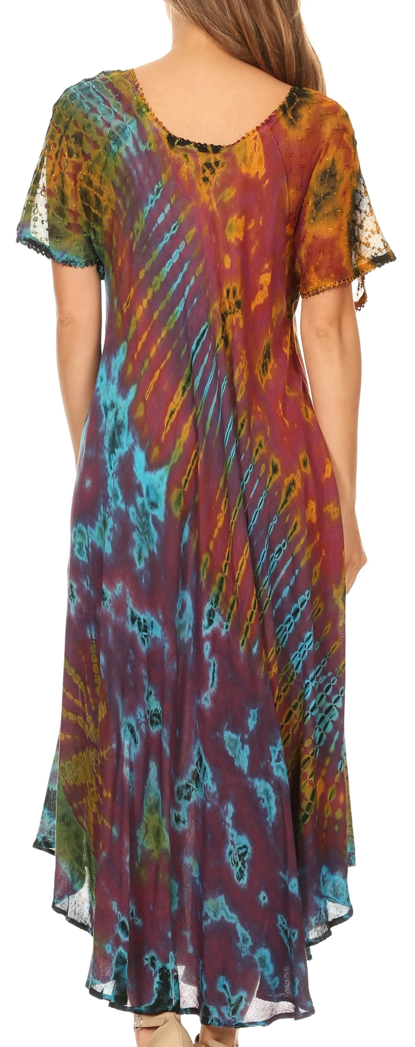 Sakkas Ria Tie Dye Embroidered Cap Sleeve Wide Neck Caftan Dress / Beach Cover Up