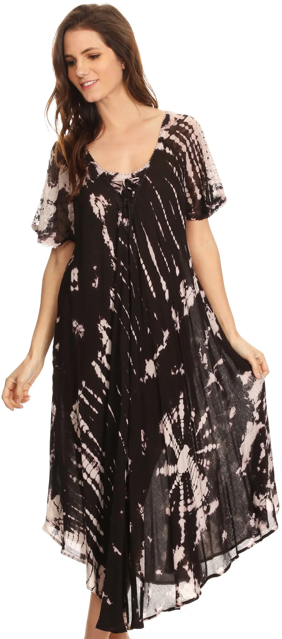 Sakkas Ria Tie Dye Embroidered Cap Sleeve Wide Neck Caftan Dress / Beach Cover Up