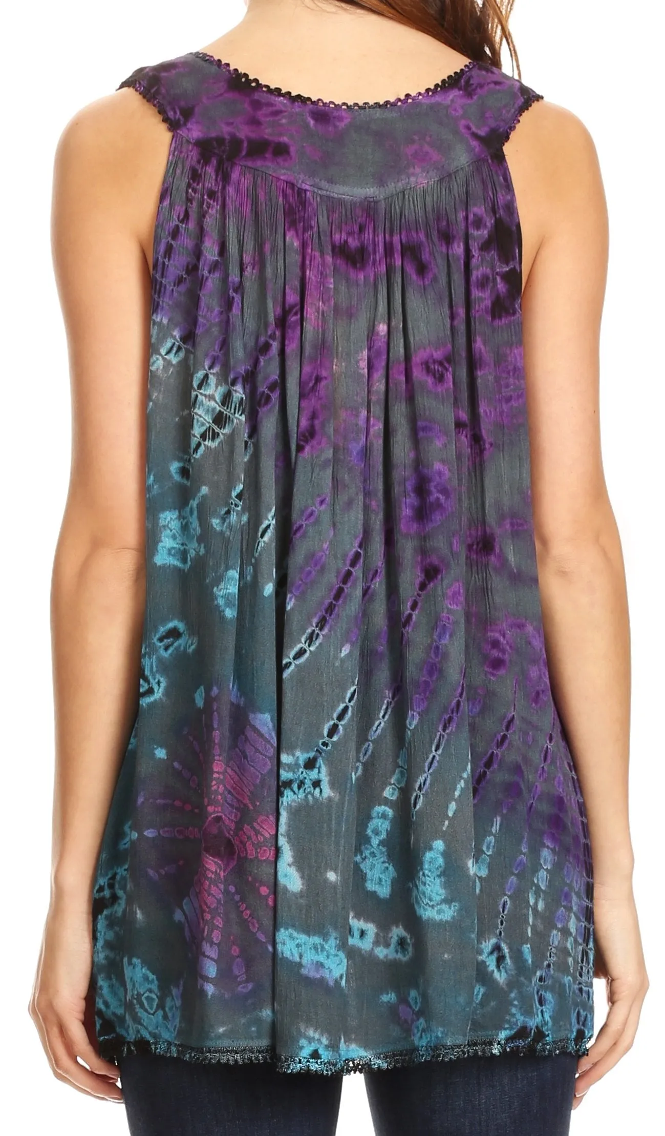 Sakkas Sana Tie Dye Sleeveless Embroidered V-Neck Tank Tunic Top Blouse / Cover Up