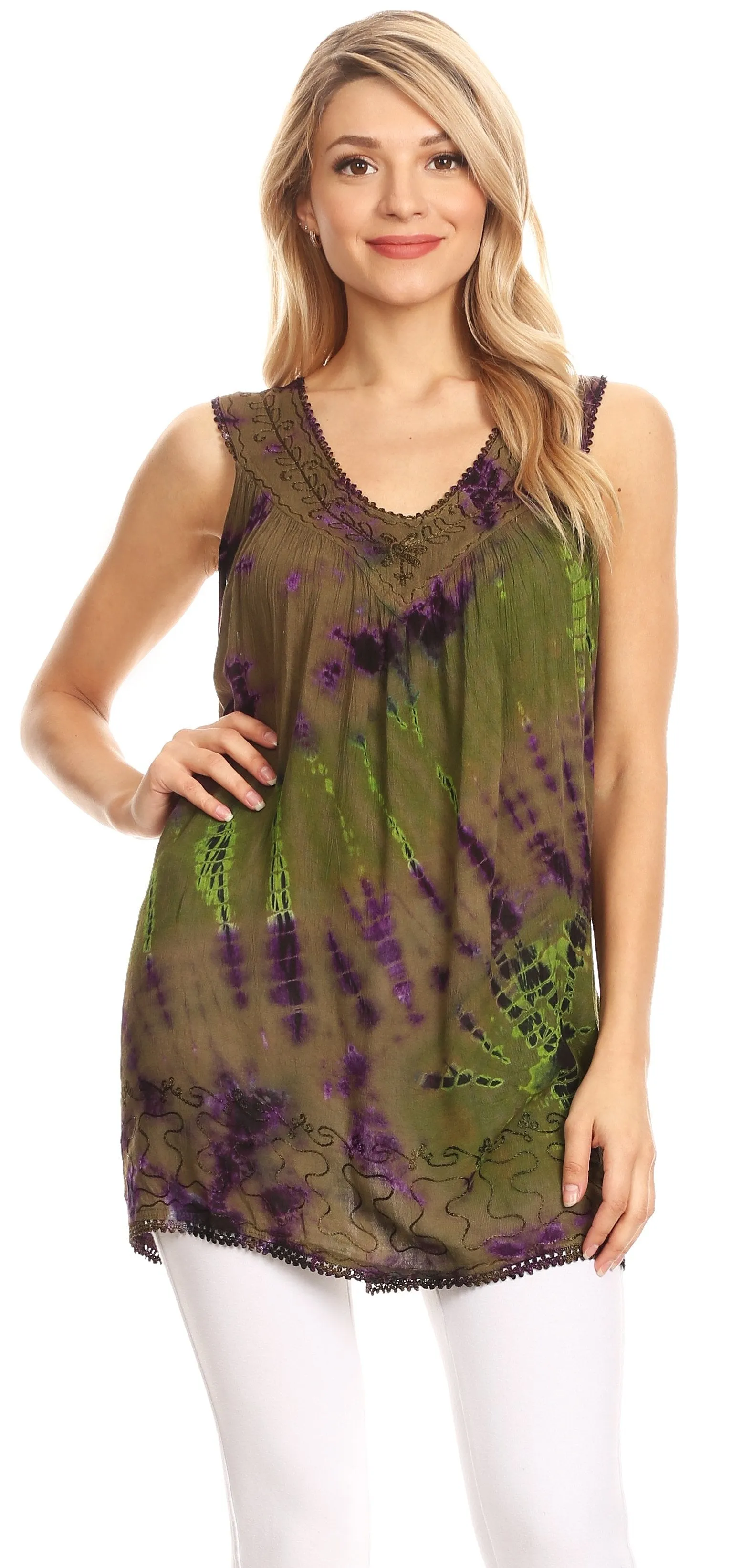 Sakkas Sana Tie Dye Sleeveless Embroidered V-Neck Tank Tunic Top Blouse / Cover Up