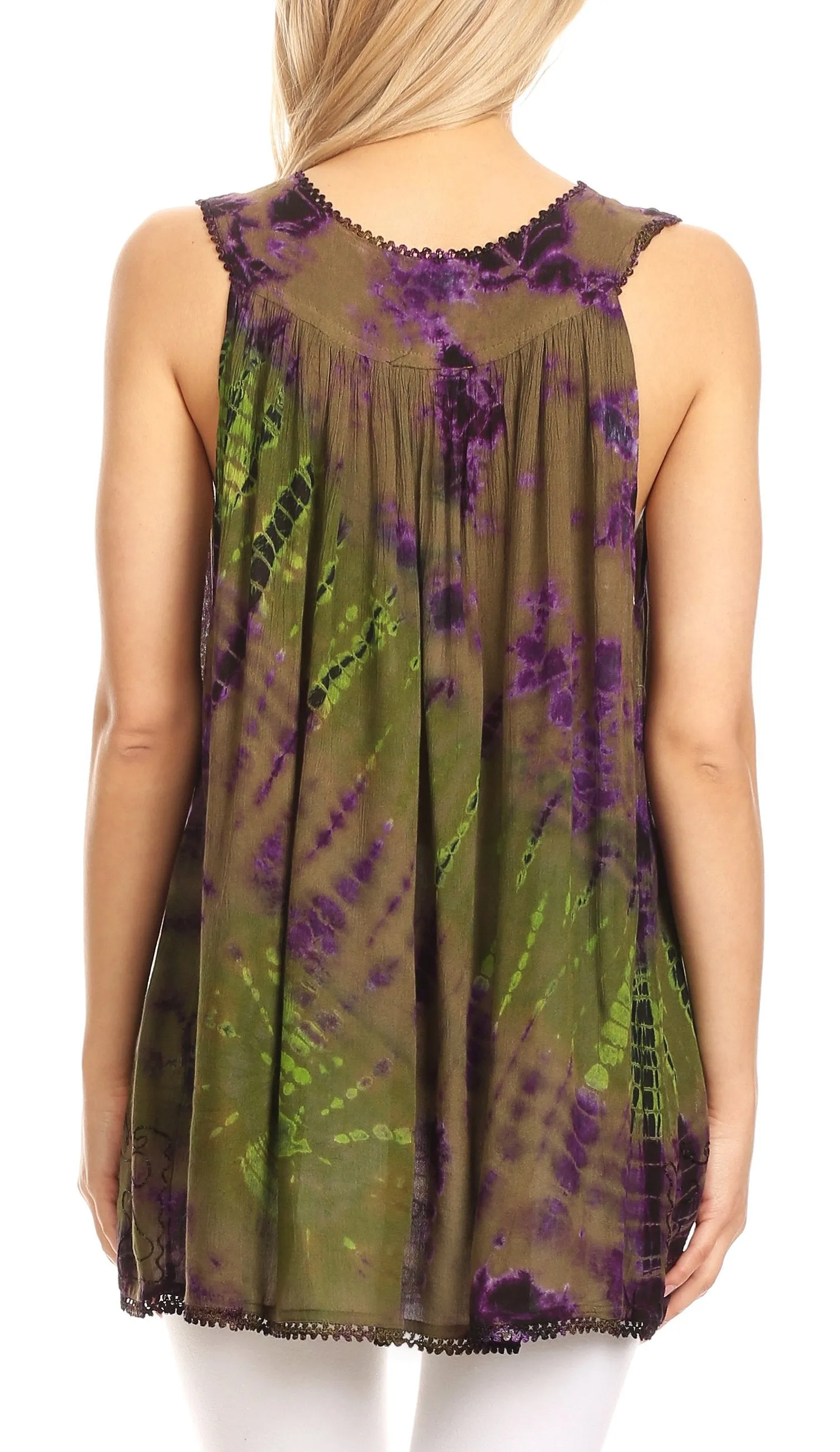 Sakkas Sana Tie Dye Sleeveless Embroidered V-Neck Tank Tunic Top Blouse / Cover Up