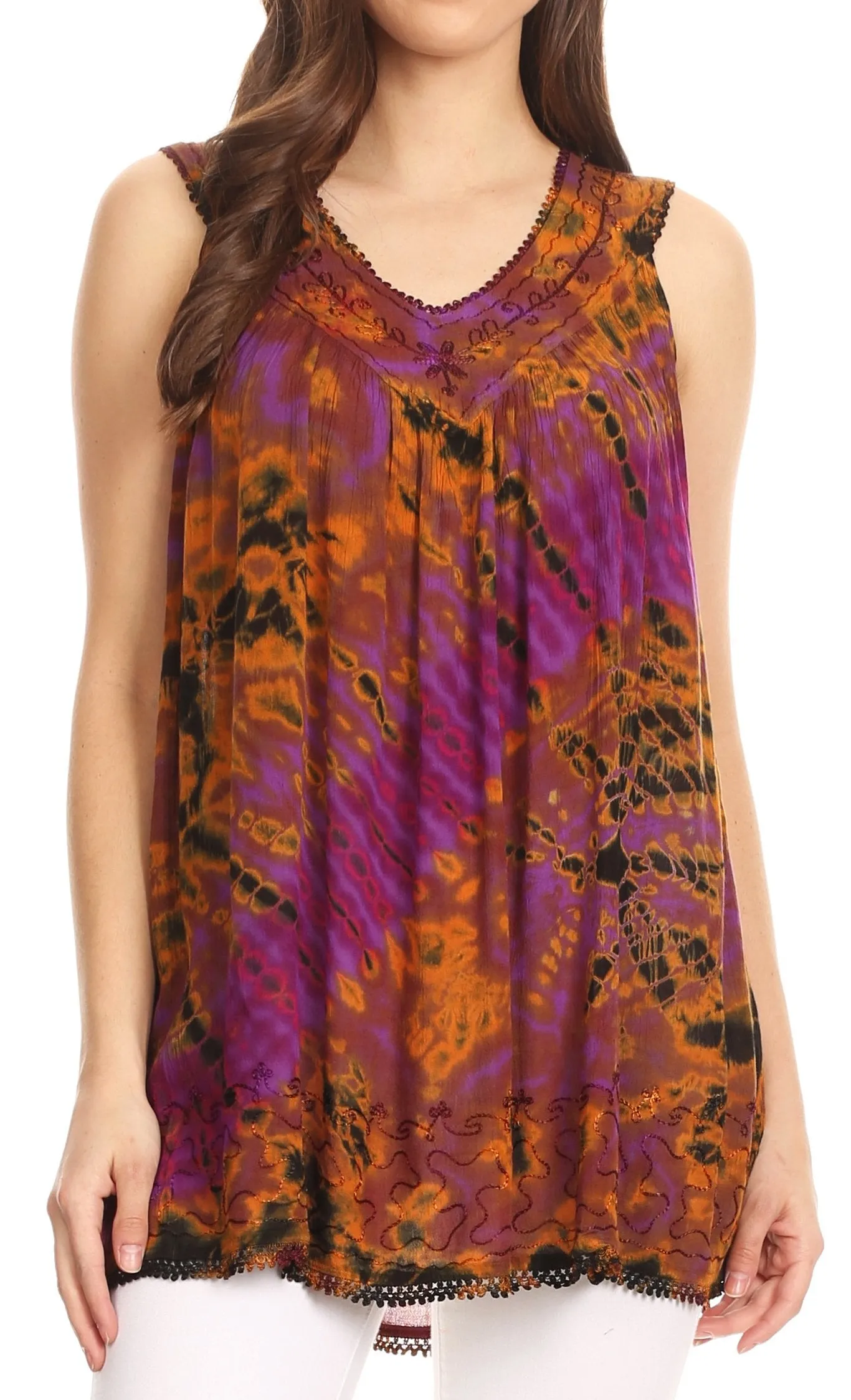 Sakkas Sana Tie Dye Sleeveless Embroidered V-Neck Tank Tunic Top Blouse / Cover Up