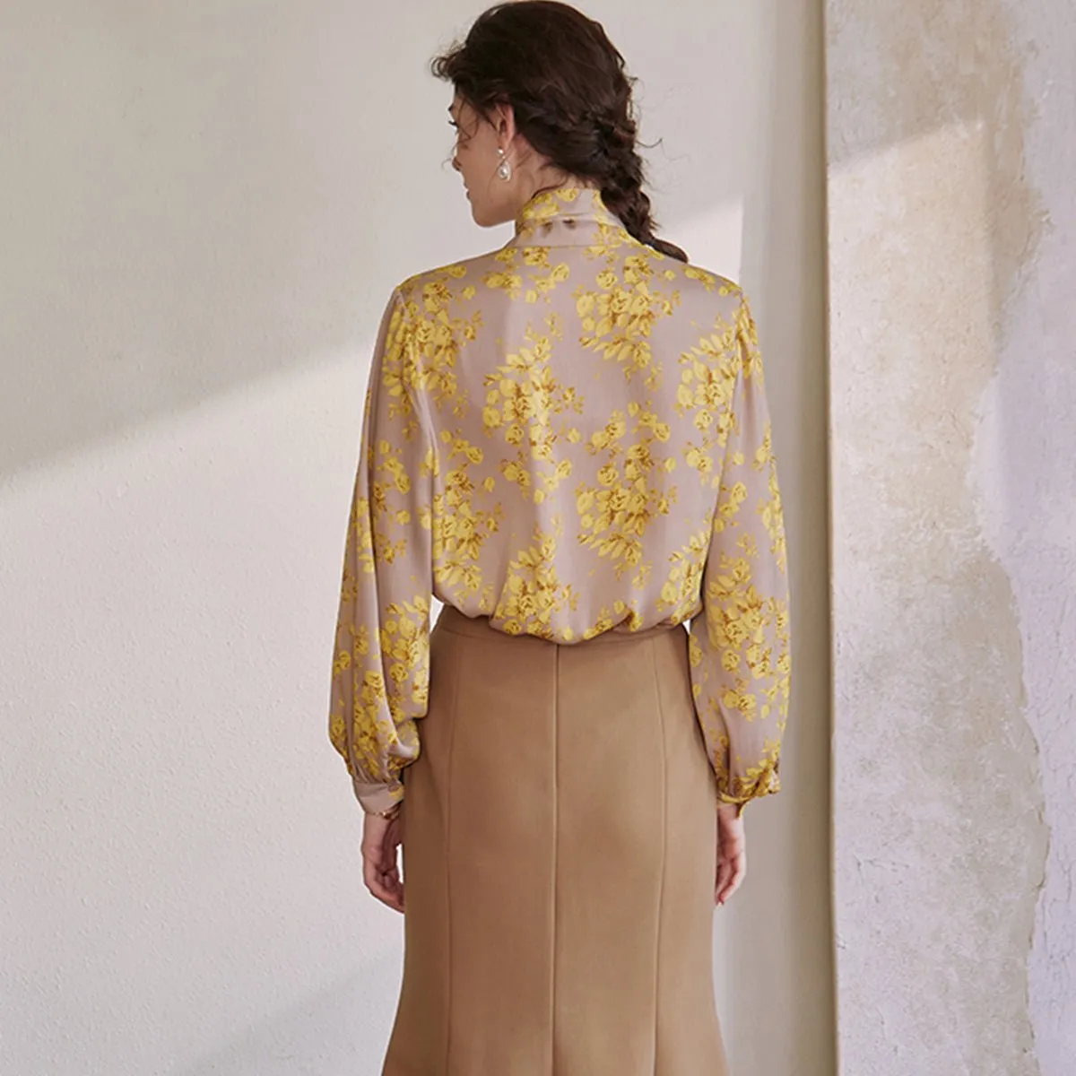 Scarf Collar Apricot Blouse in Floral Print