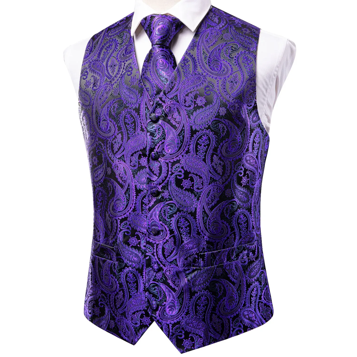 Shiny Purple Black Paisley Silk Men's Vest Hanky Cufflinks Tie Set Waistcoat Suit Set