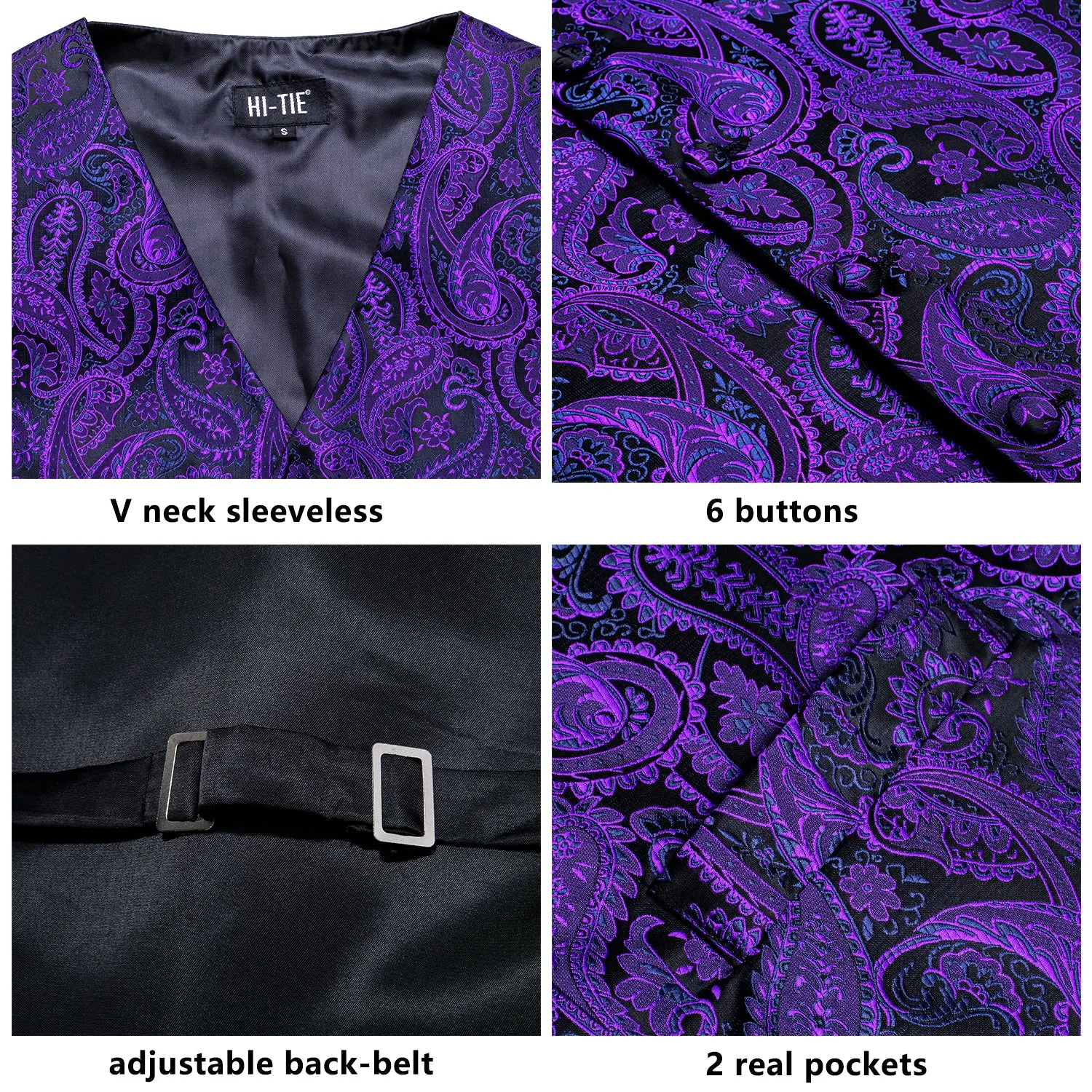 Shiny Purple Black Paisley Silk Men's Vest Hanky Cufflinks Tie Set Waistcoat Suit Set