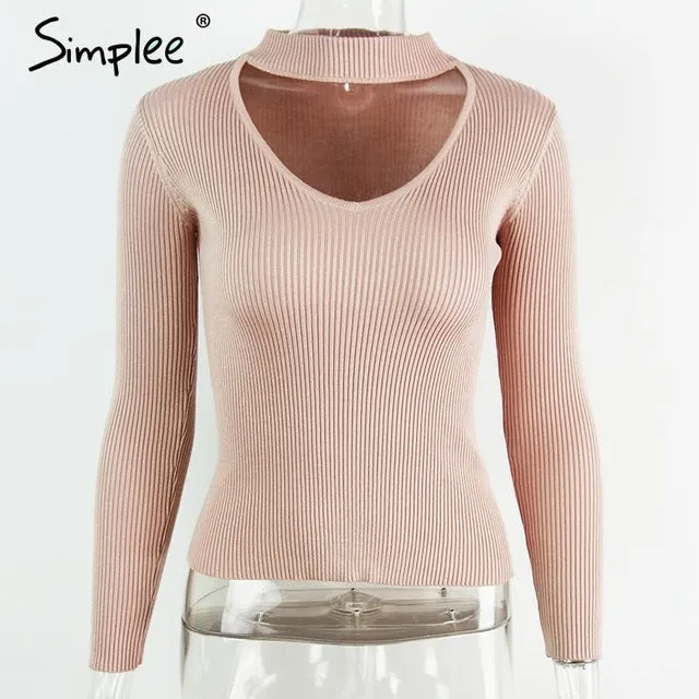 Simplee Elegant halter knitted sweater Autumn winter white short pullover women tops Slim v neck black jumper casual pull femme