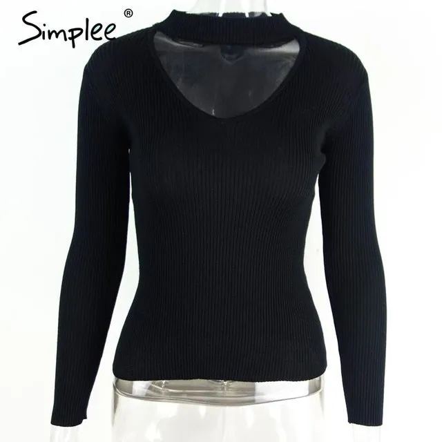 Simplee Elegant halter knitted sweater Autumn winter white short pullover women tops Slim v neck black jumper casual pull femme