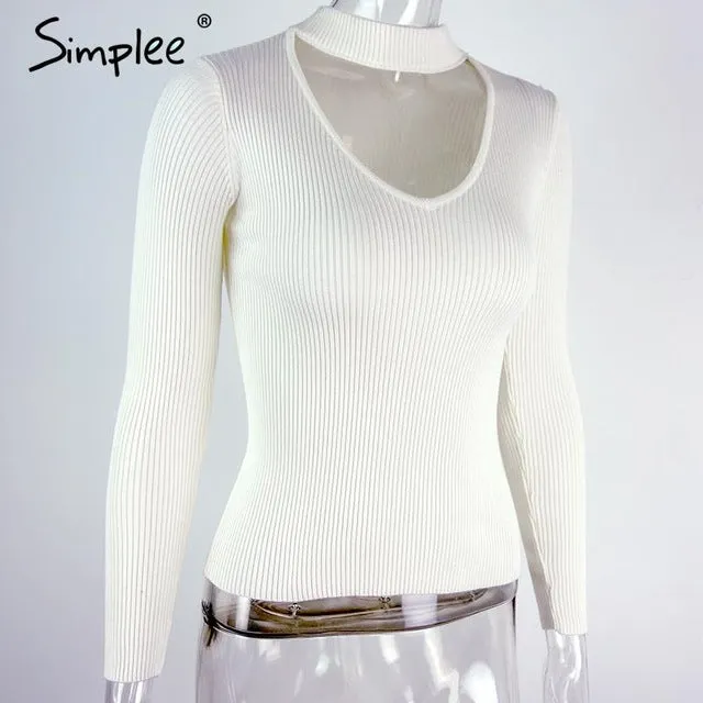 Simplee Elegant halter knitted sweater Autumn winter white short pullover women tops Slim v neck black jumper casual pull femme