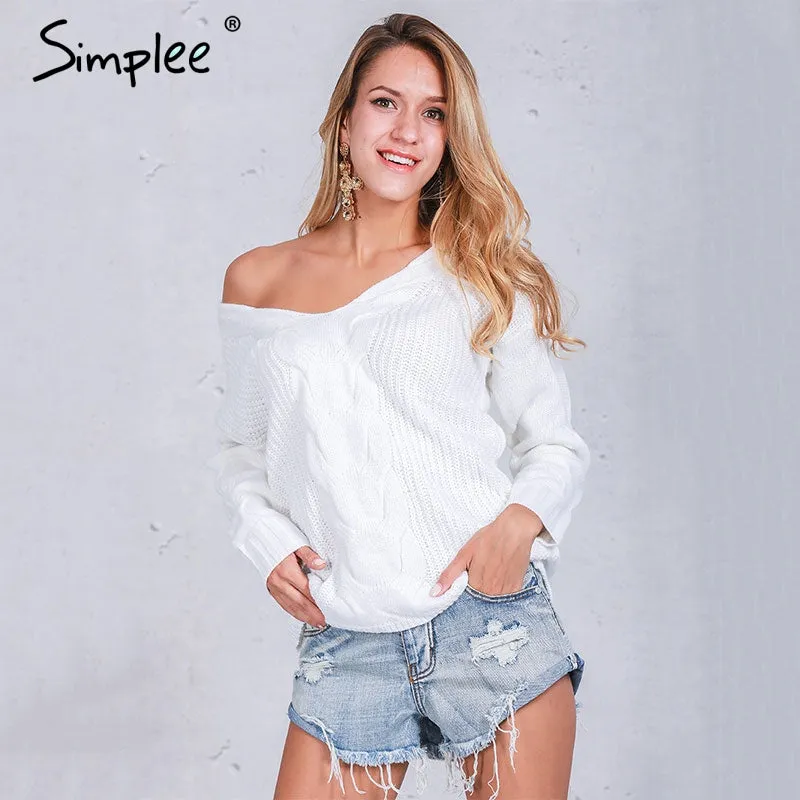 Simplee Winter white knitted sweater women 2016 Autumn hollow out pullover sweater Sexy long sleeve off shoulder sweater jumpers