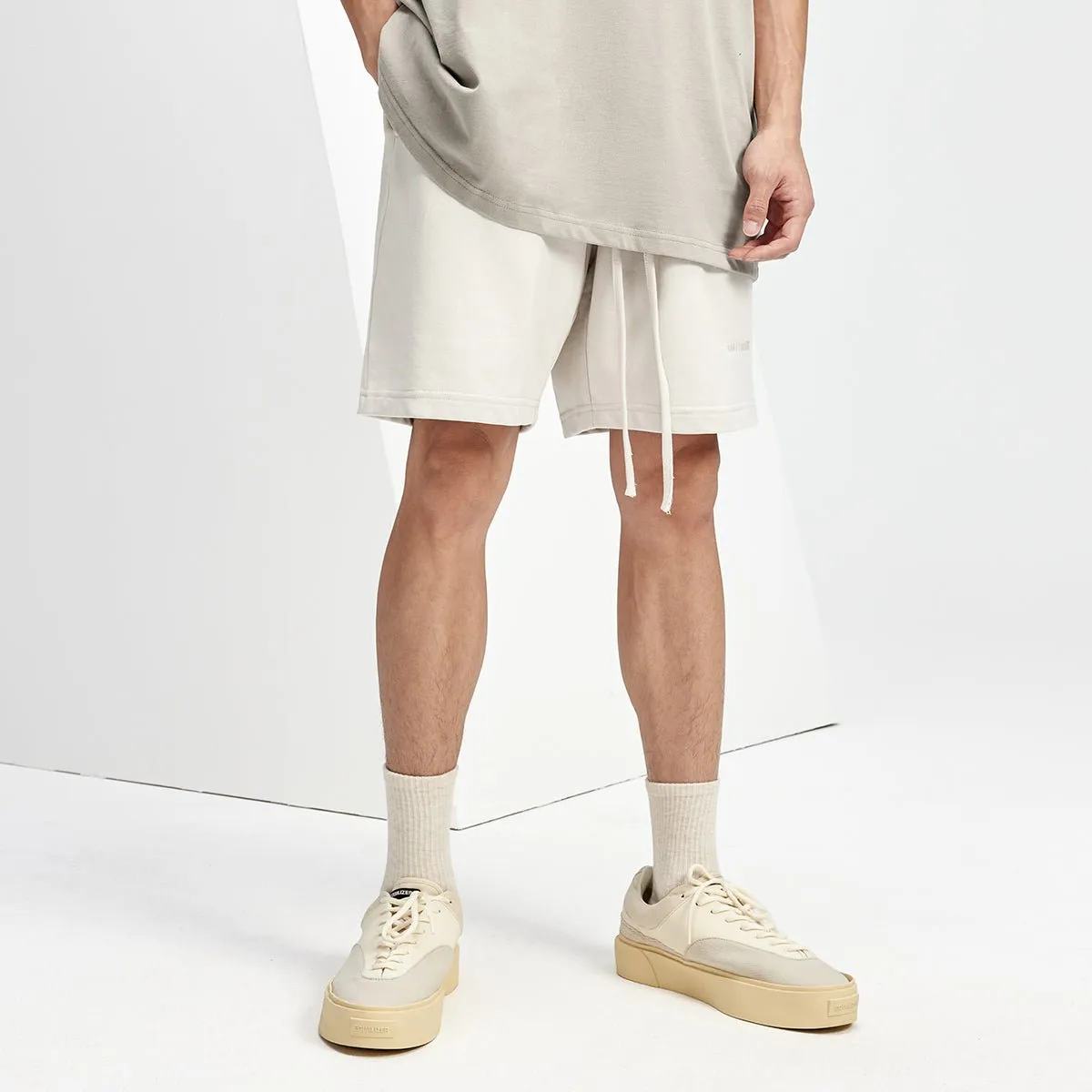 Straight-Leg Logo-Embroidered Extended Drawcord Apricot Sweat Shorts