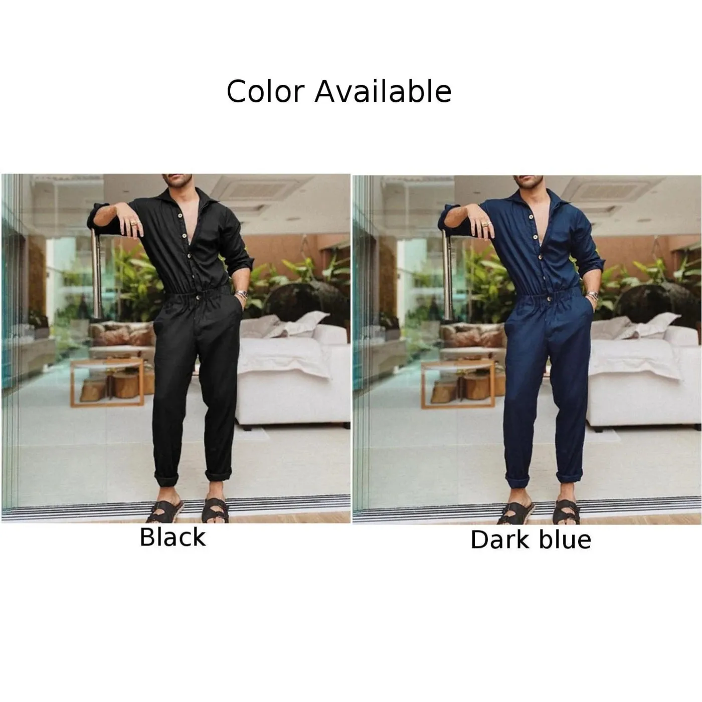 Summer Thin Men\'s Cargo Jumpsuit Pants Overalls Fashion Long Sleeve Lapel Button-Down Rompers Solid Color Workwear Pants