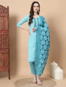 Turquoise Blue Block Print,Thread_Work Straight Kurta Trouser And Dupatta Set