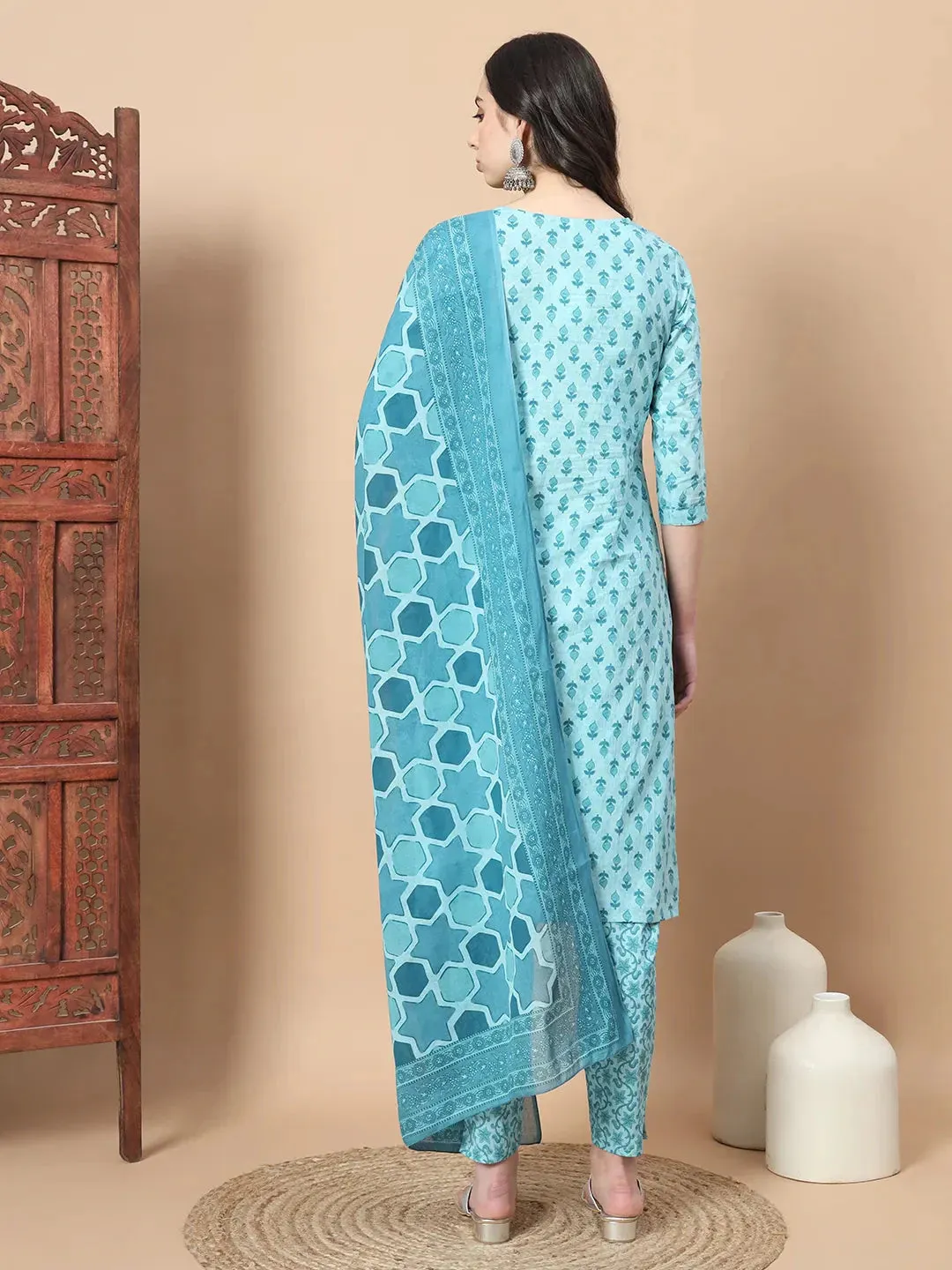 Turquoise Blue Block Print,Thread_Work Straight Kurta Trouser And Dupatta Set