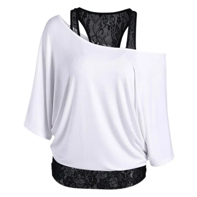 VESTLINDA Skew Collar Lace Trim T-Shirt Women Top Tees Short Sleeve Solid T Shirt Womens Clothing Casual Tshirt Summer Blusa