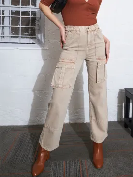 Women Beige Box Pocket Cargo Jeans