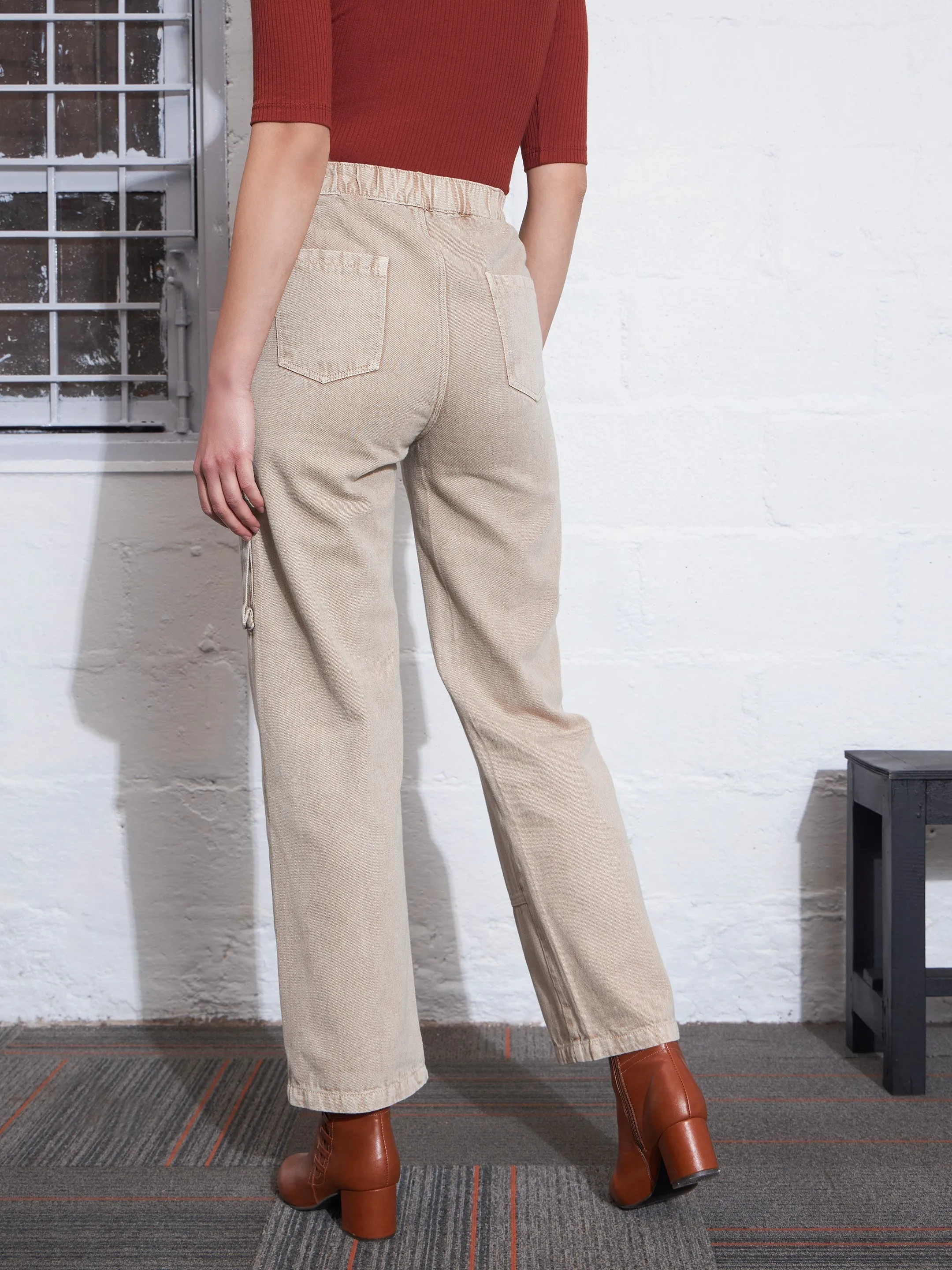 Women Beige Box Pocket Cargo Jeans