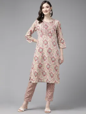 Women Beige Silk Blend Kurta Set