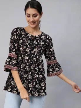 Women Black Floral Printed Top With Three Quarter Flared Sleeves