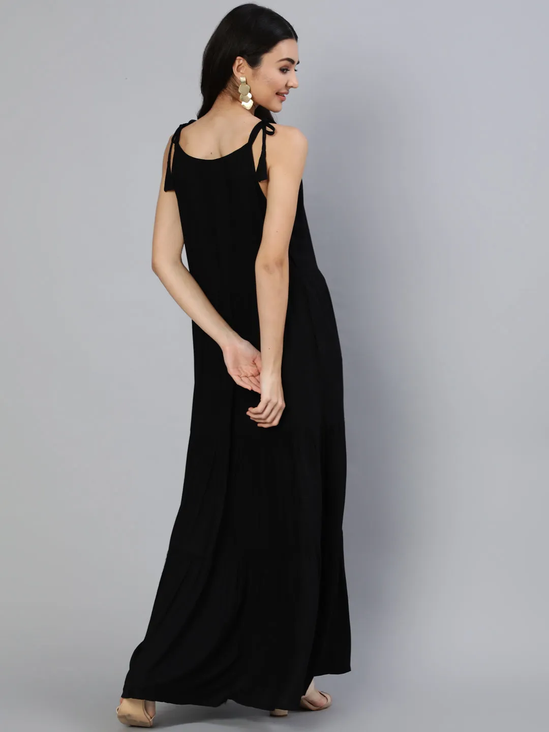 Women Black Halter Neck Tiered Dress