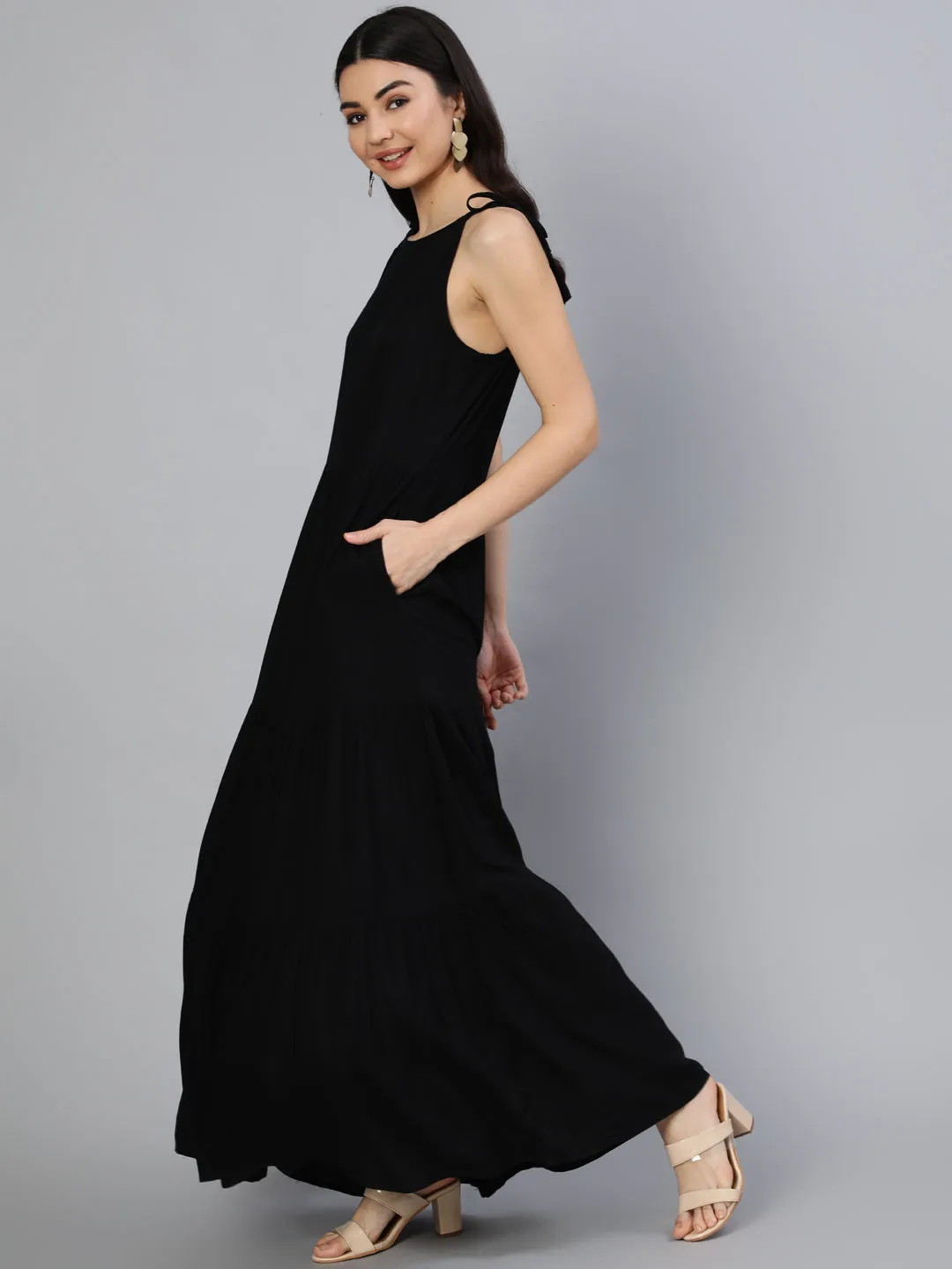 Women Black Halter Neck Tiered Dress