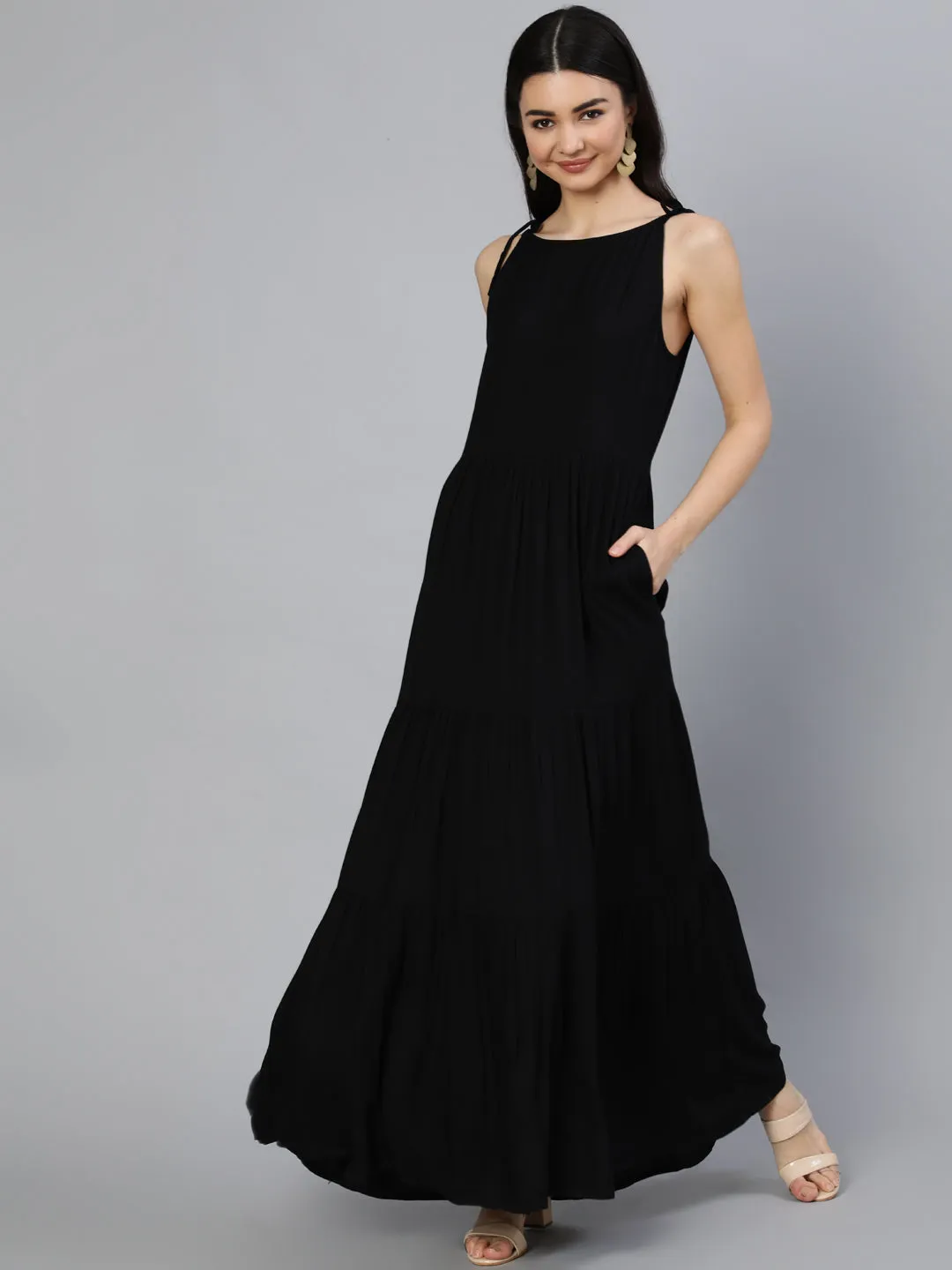 Women Black Halter Neck Tiered Dress