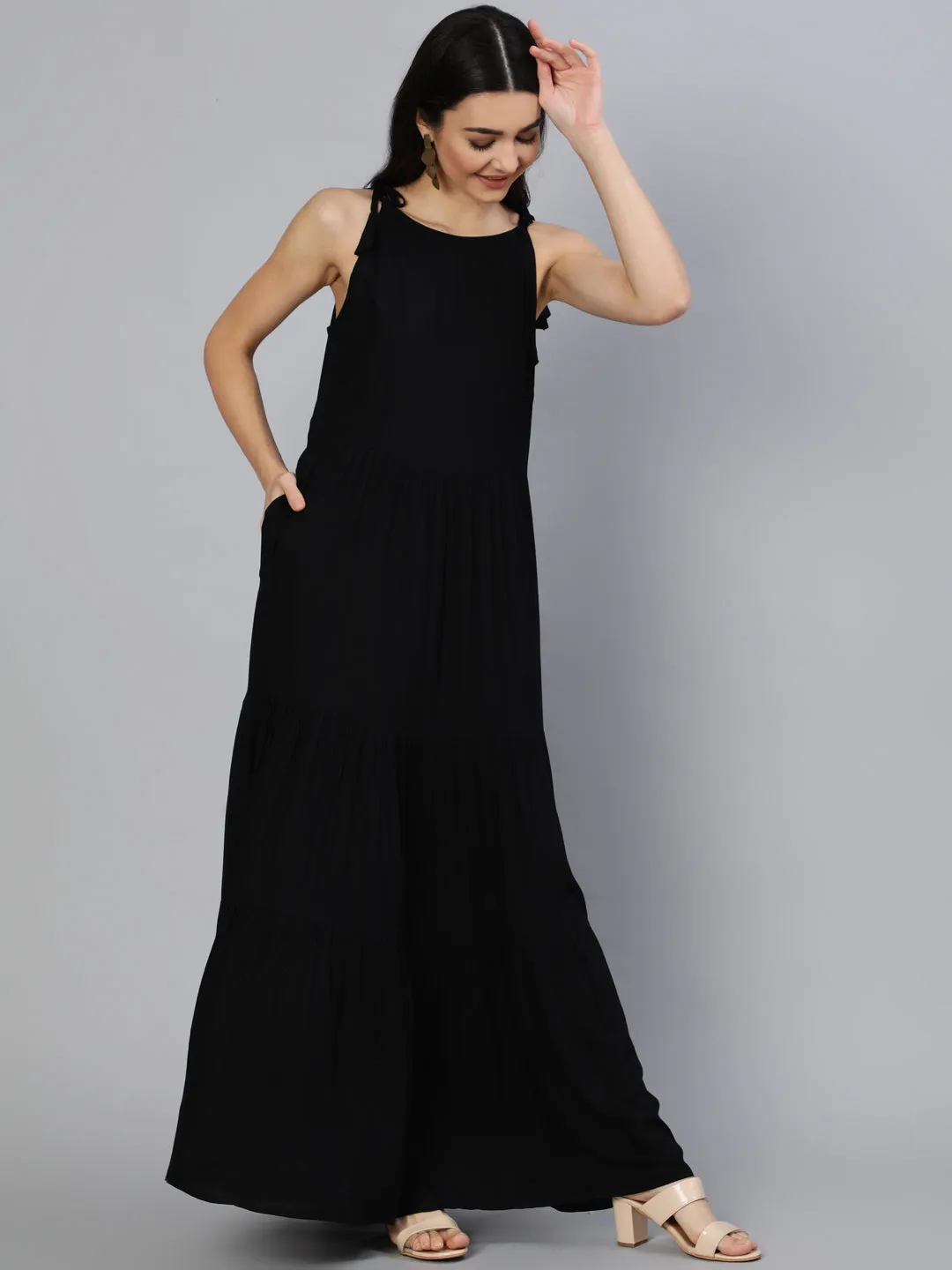 Women Black Halter Neck Tiered Dress