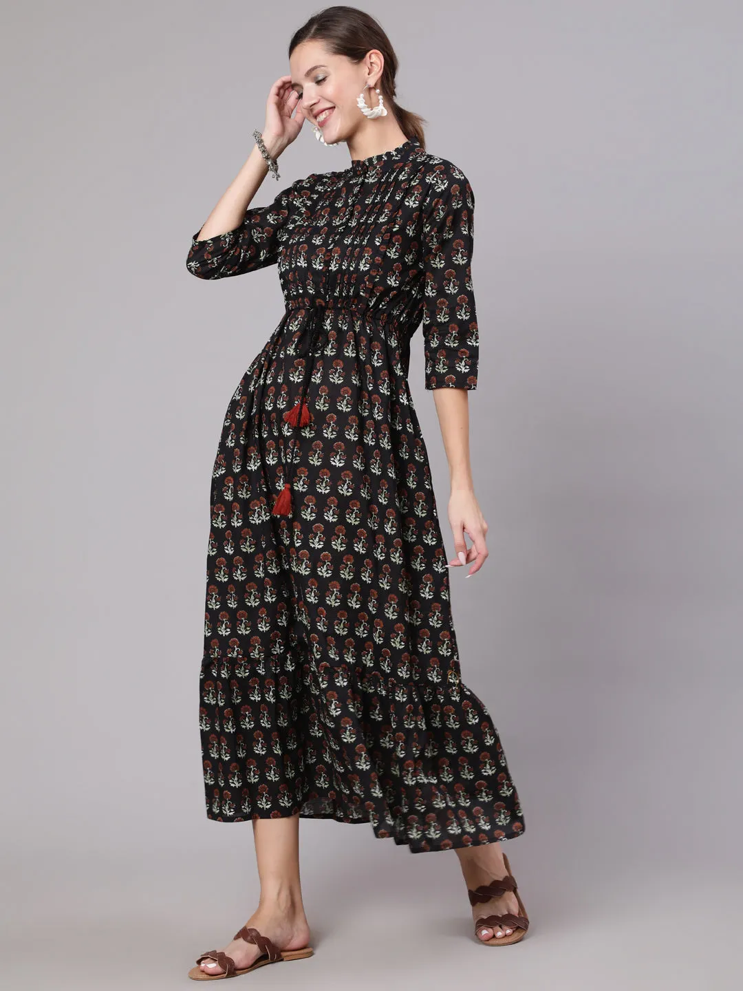 Women Black Printed Dress With Three Quarter Sleeves