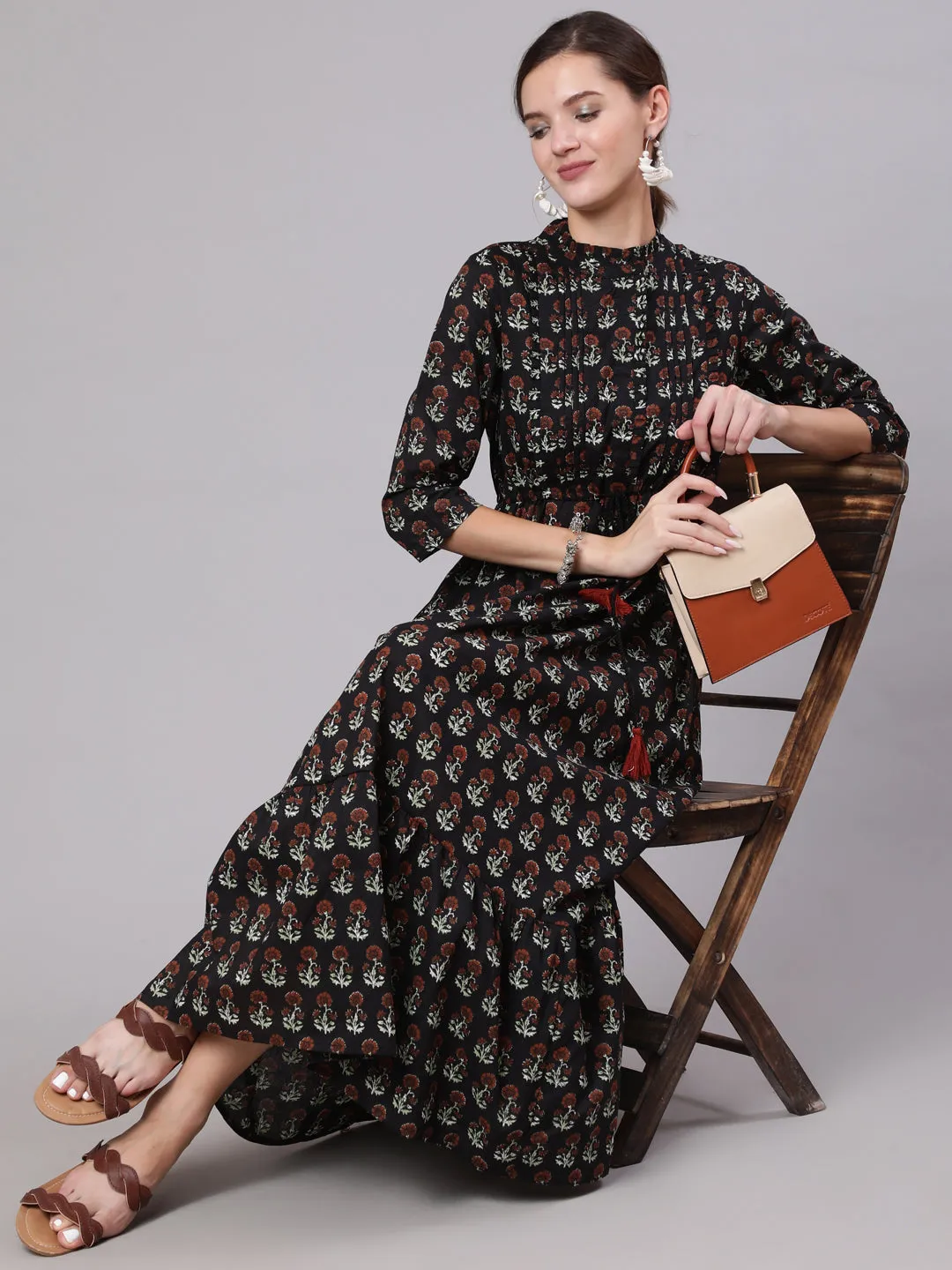 Women Black Printed Dress With Three Quarter Sleeves