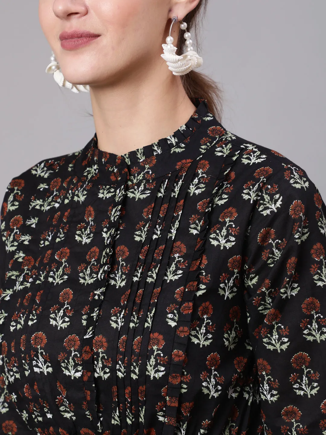 Women Black Printed Dress With Three Quarter Sleeves