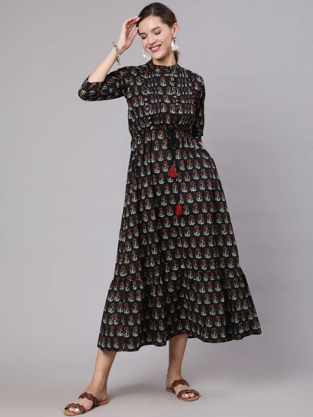 Women Black Printed Dress With Three Quarter Sleeves