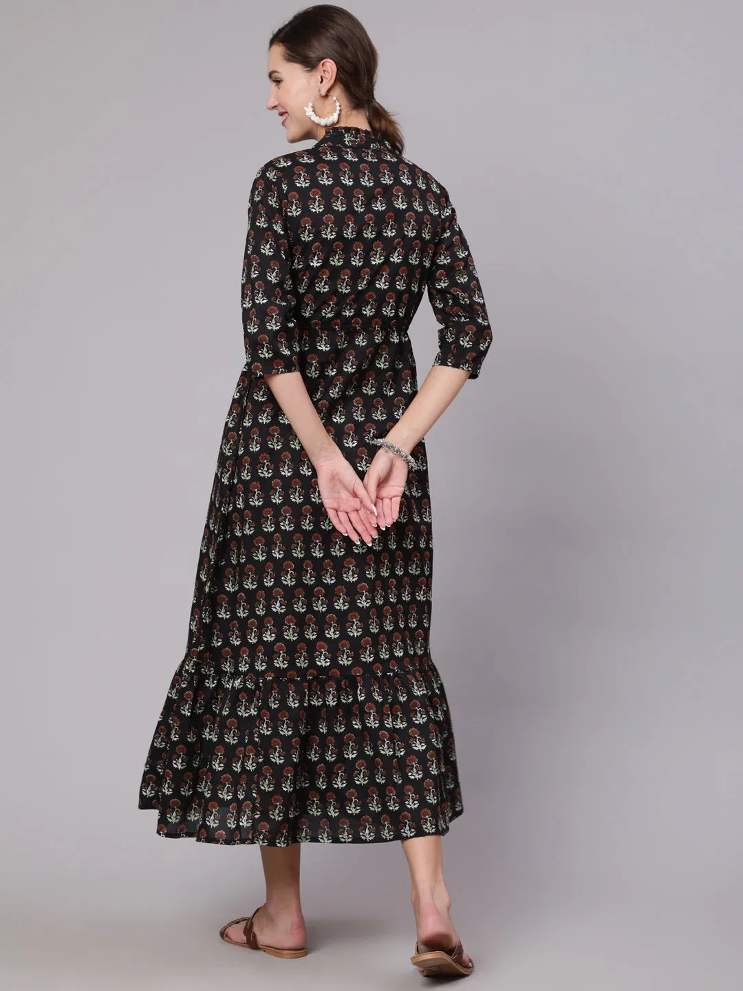 Women Black Printed Dress With Three Quarter Sleeves