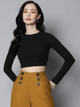 Women Black Rib Full Sleeve Active Crop Top