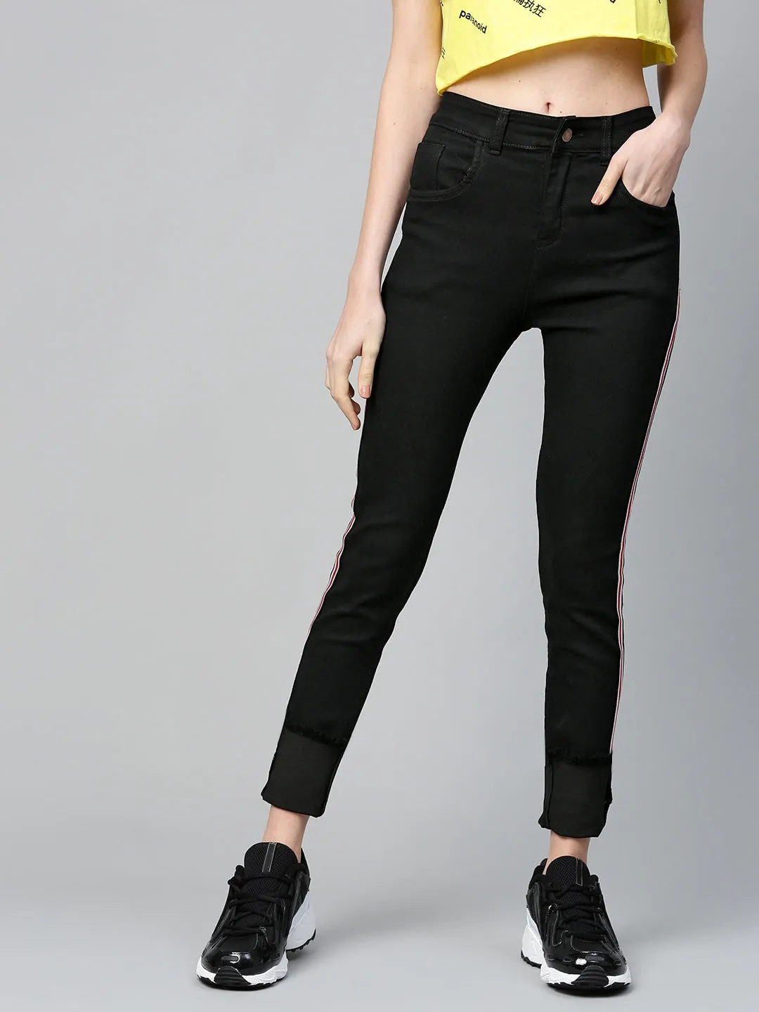 Women Black Side Tape Basic Jeans