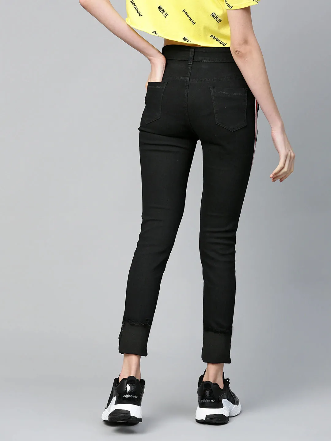 Women Black Side Tape Basic Jeans