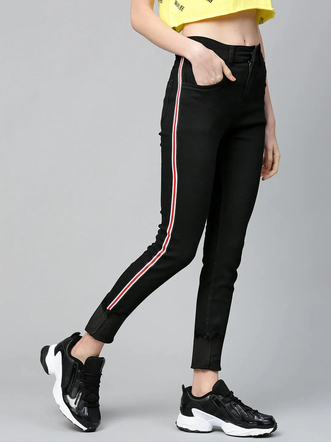 Women Black Side Tape Basic Jeans