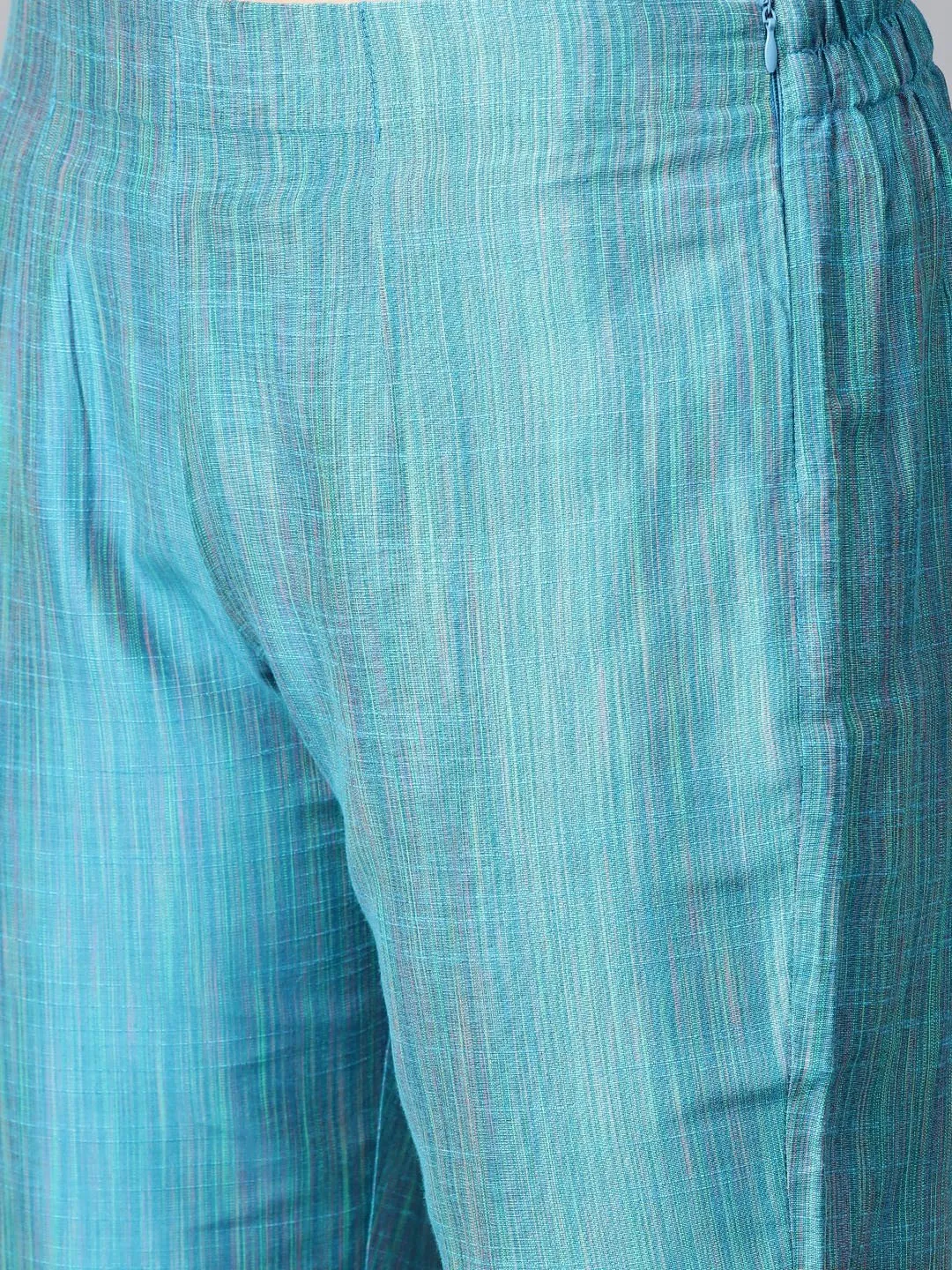 Women Blue & Green Self-Striped Kurta With Trousers & Dupatta