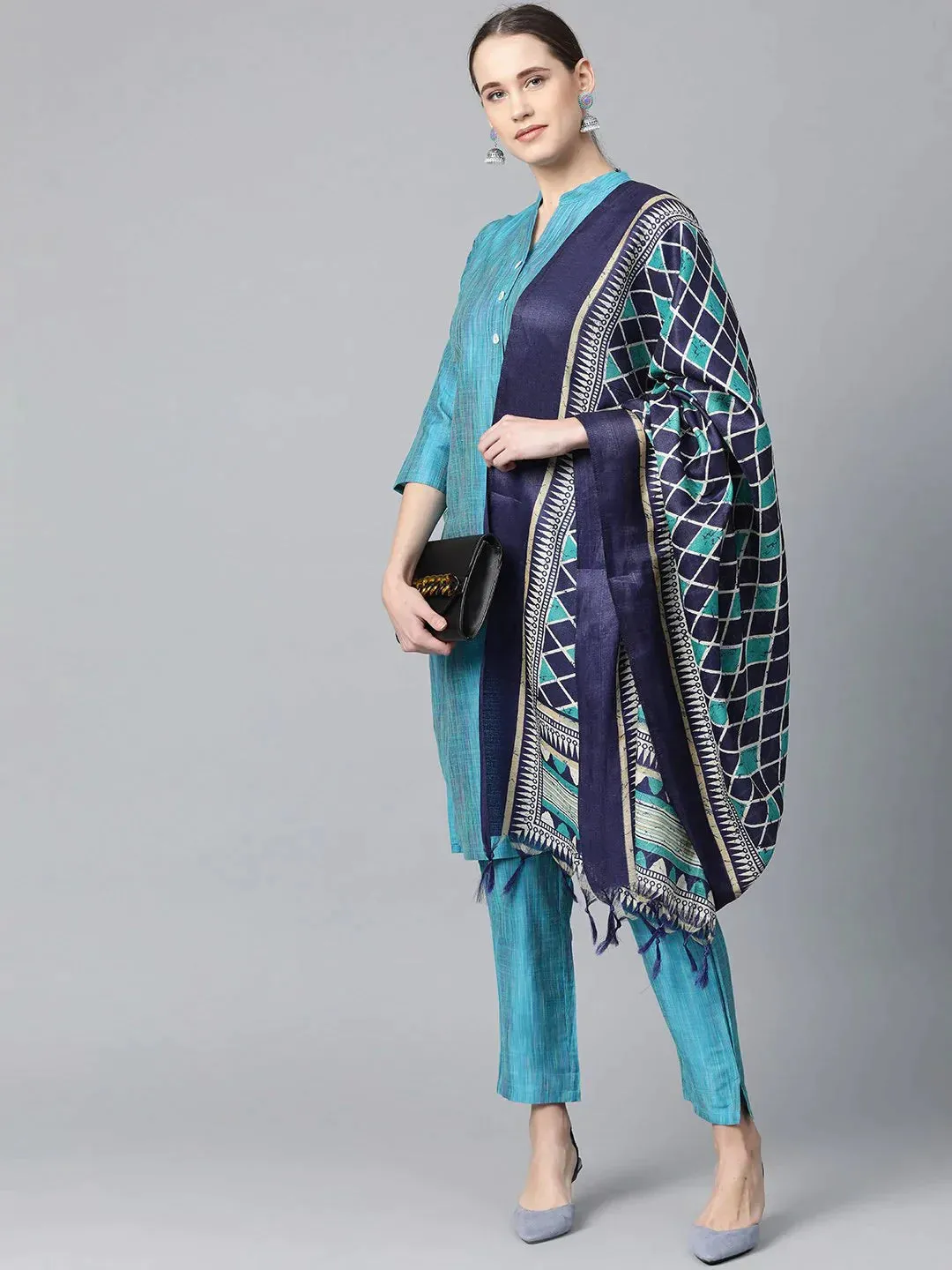 Women Blue & Green Self-Striped Kurta With Trousers & Dupatta