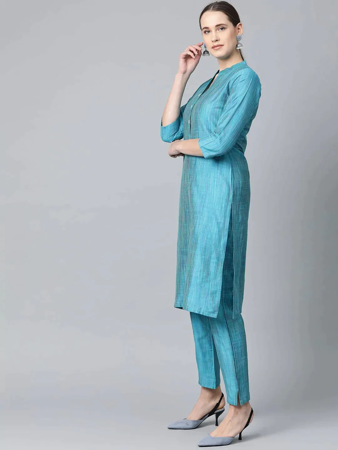 Women Blue & Green Self-Striped Kurta With Trousers & Dupatta