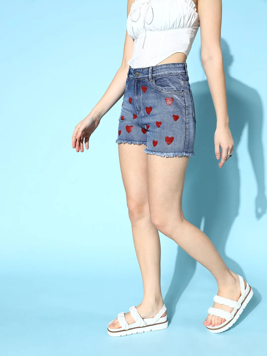 Women Blue Denim Red Heart Print Shorts