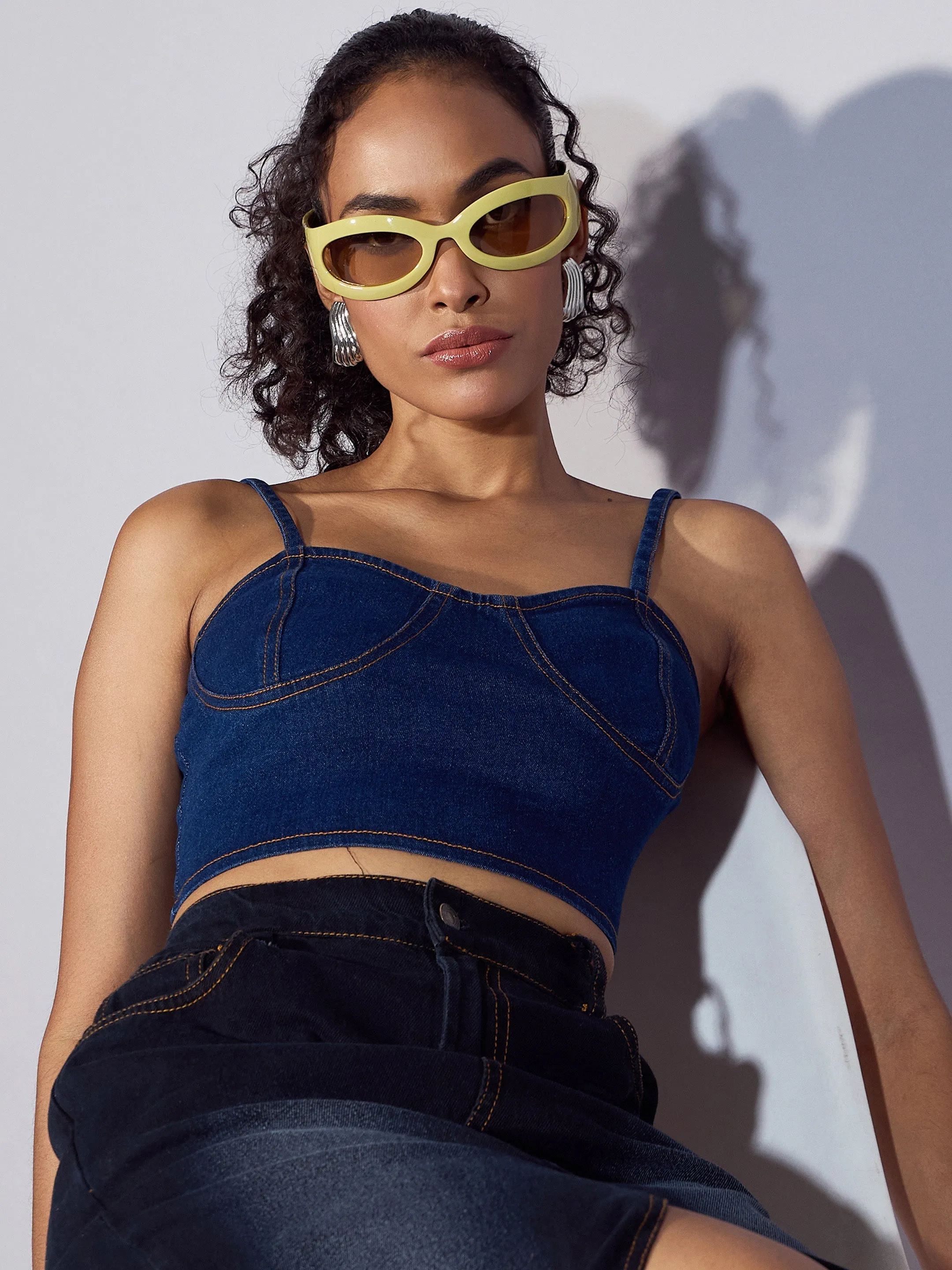 Women Blue Denim Strappy Crop Top