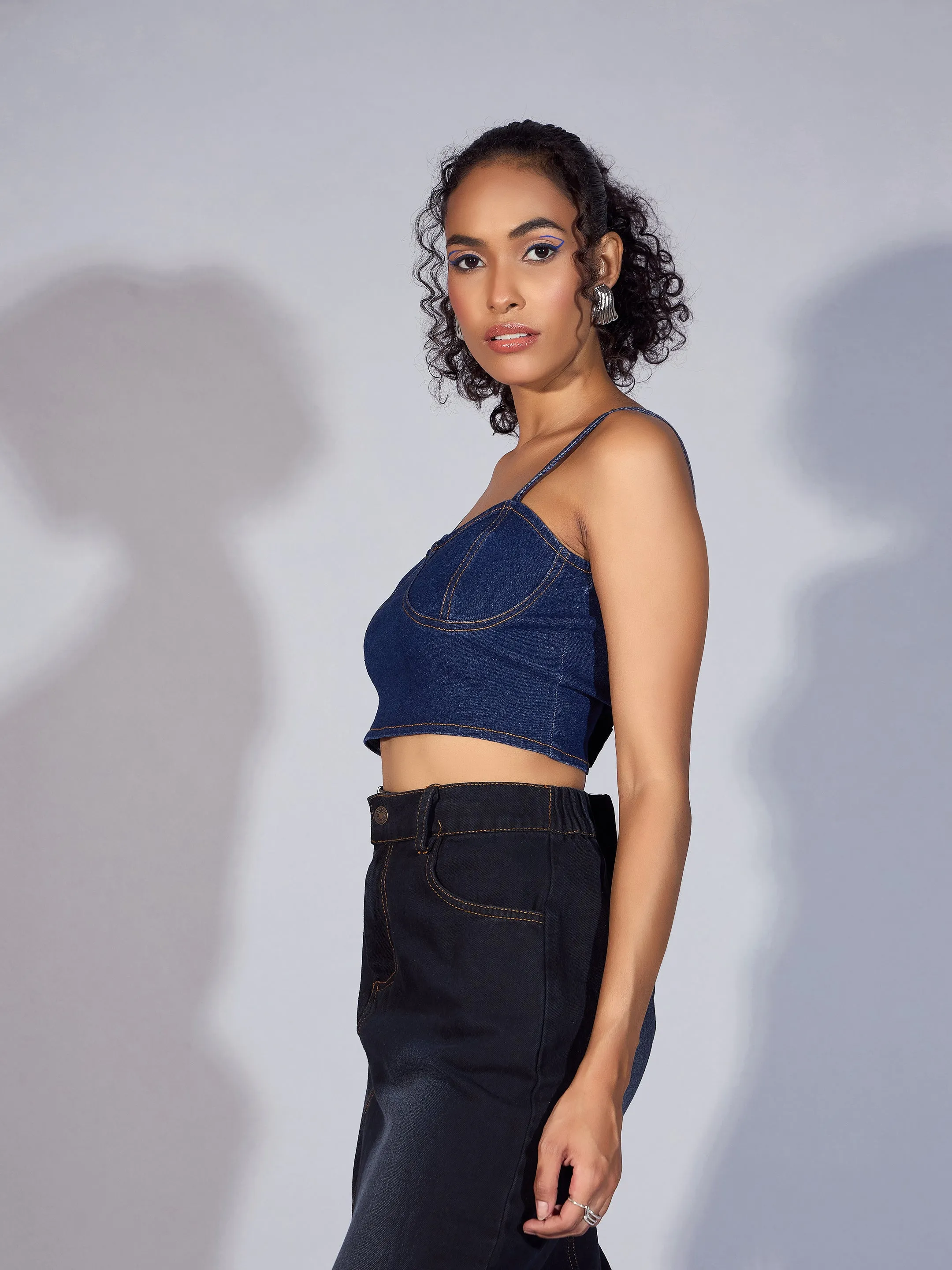 Women Blue Denim Strappy Crop Top