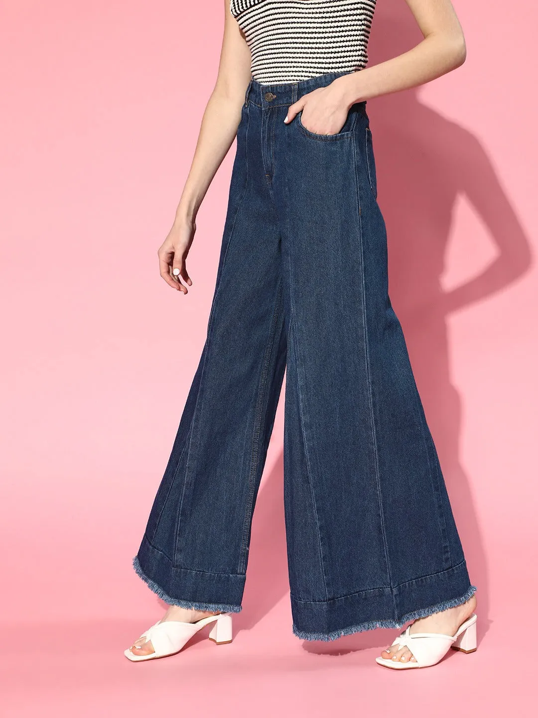 Women Blue Front Pleat Flared Leg Jeans