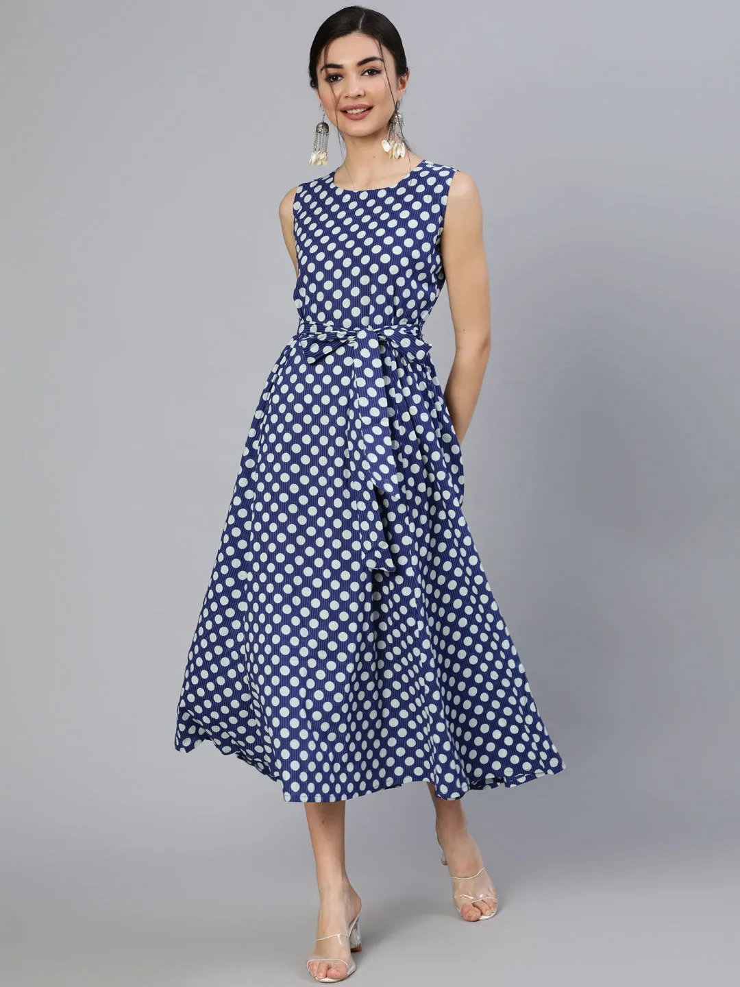 Women Blue Polka Dots Printed Sleeveless Dress With Belt