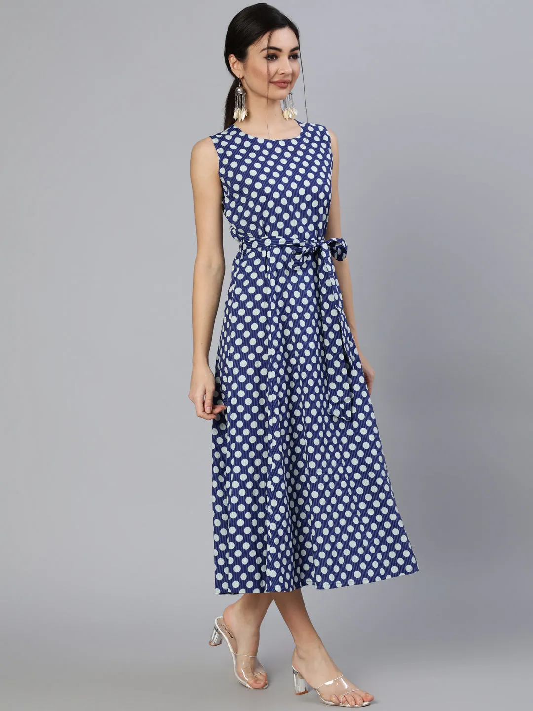 Women Blue Polka Dots Printed Sleeveless Dress With Belt