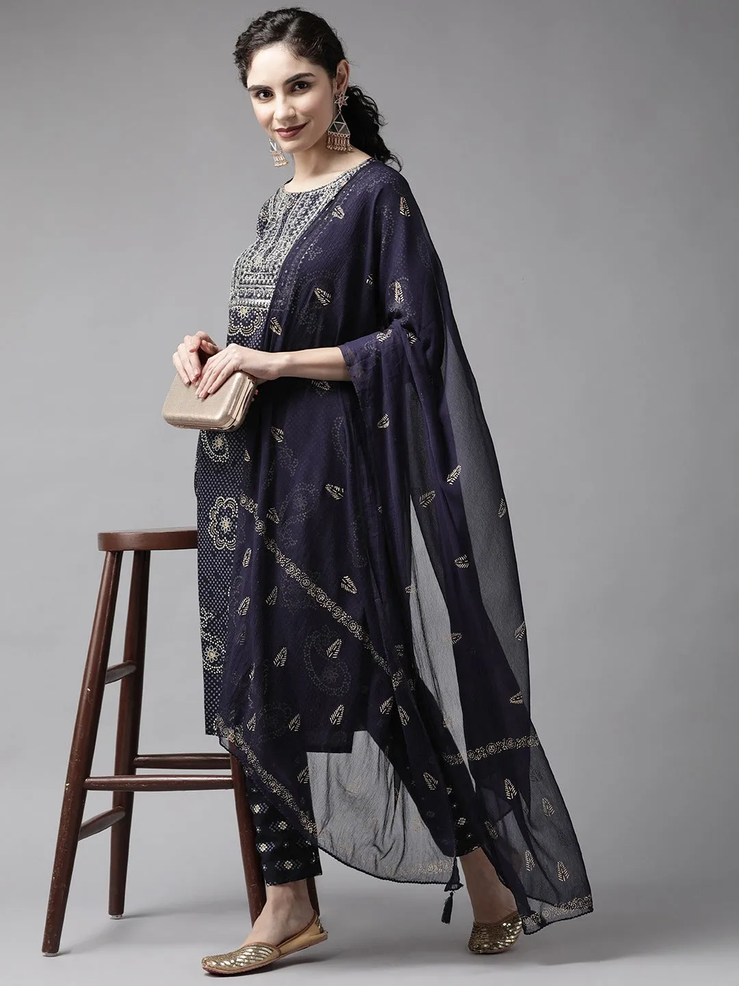 Women Blue Rayon Kurta Set With Dupatta