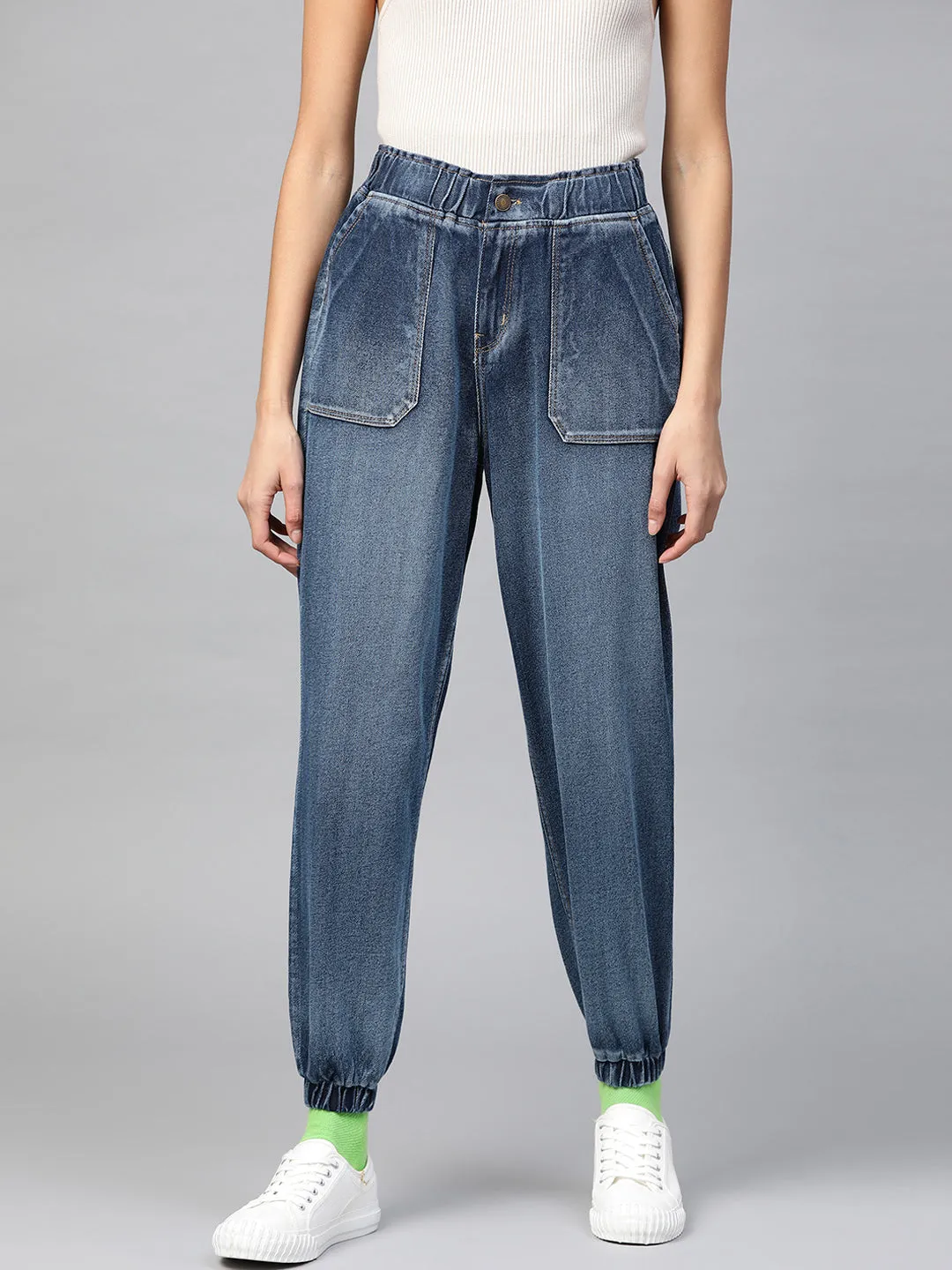 Women Blue Utility Denim Jogger Jeans