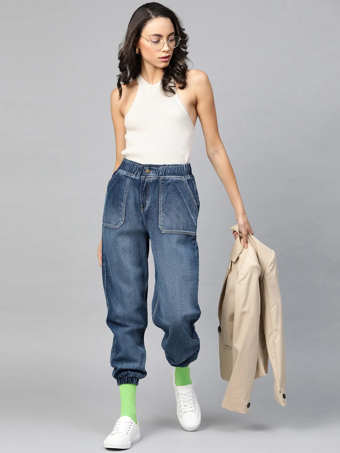 Women Blue Utility Denim Jogger Jeans