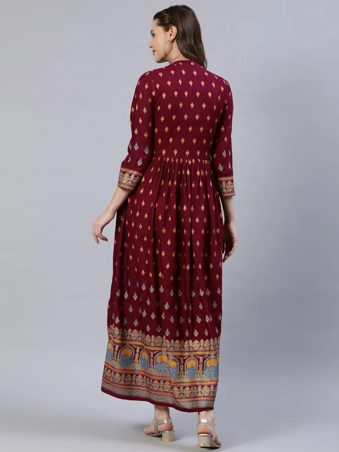 Women Burgundy Printed Dress With Three Quarter Sleeves