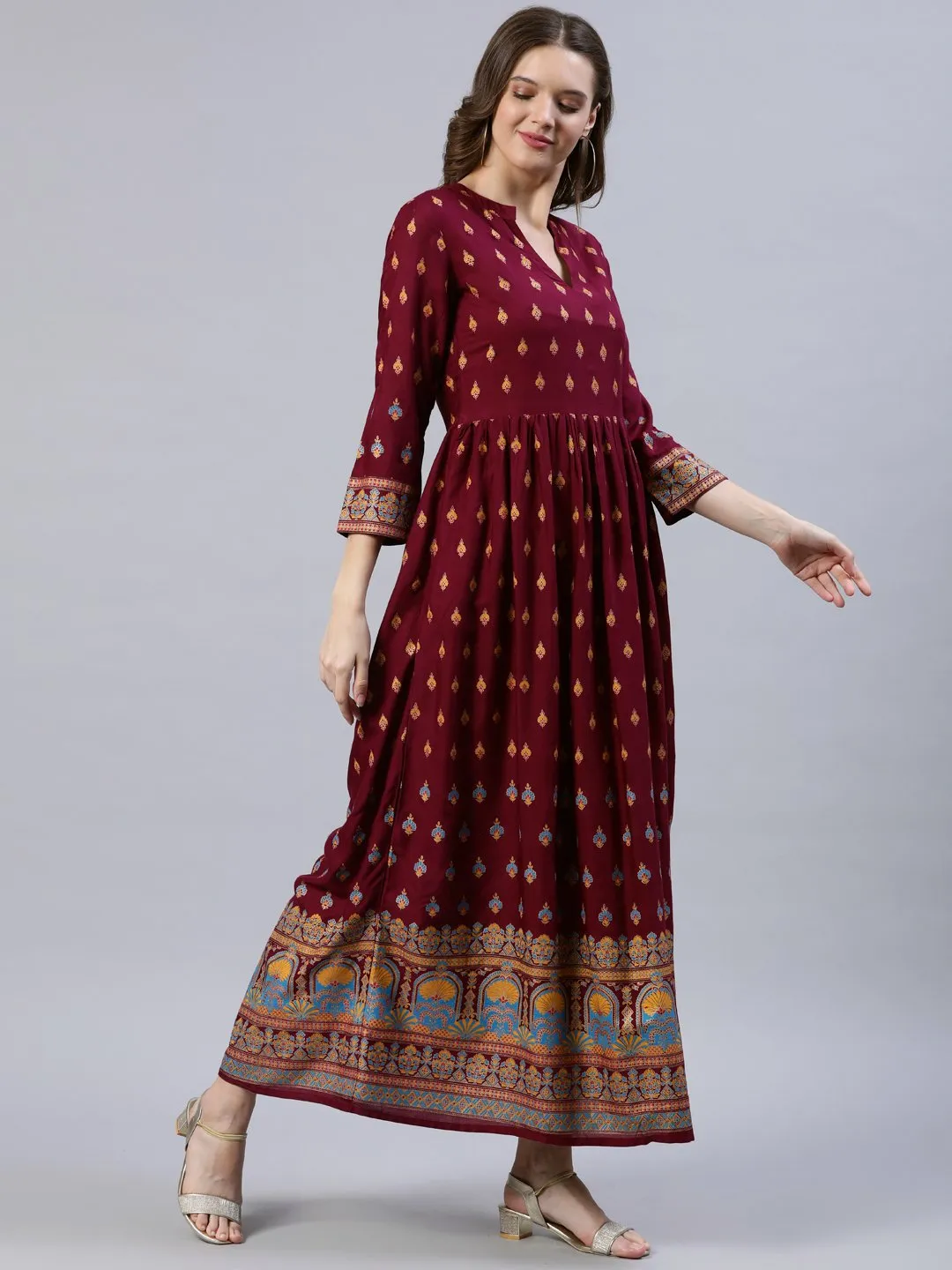 Women Burgundy Printed Dress With Three Quarter Sleeves